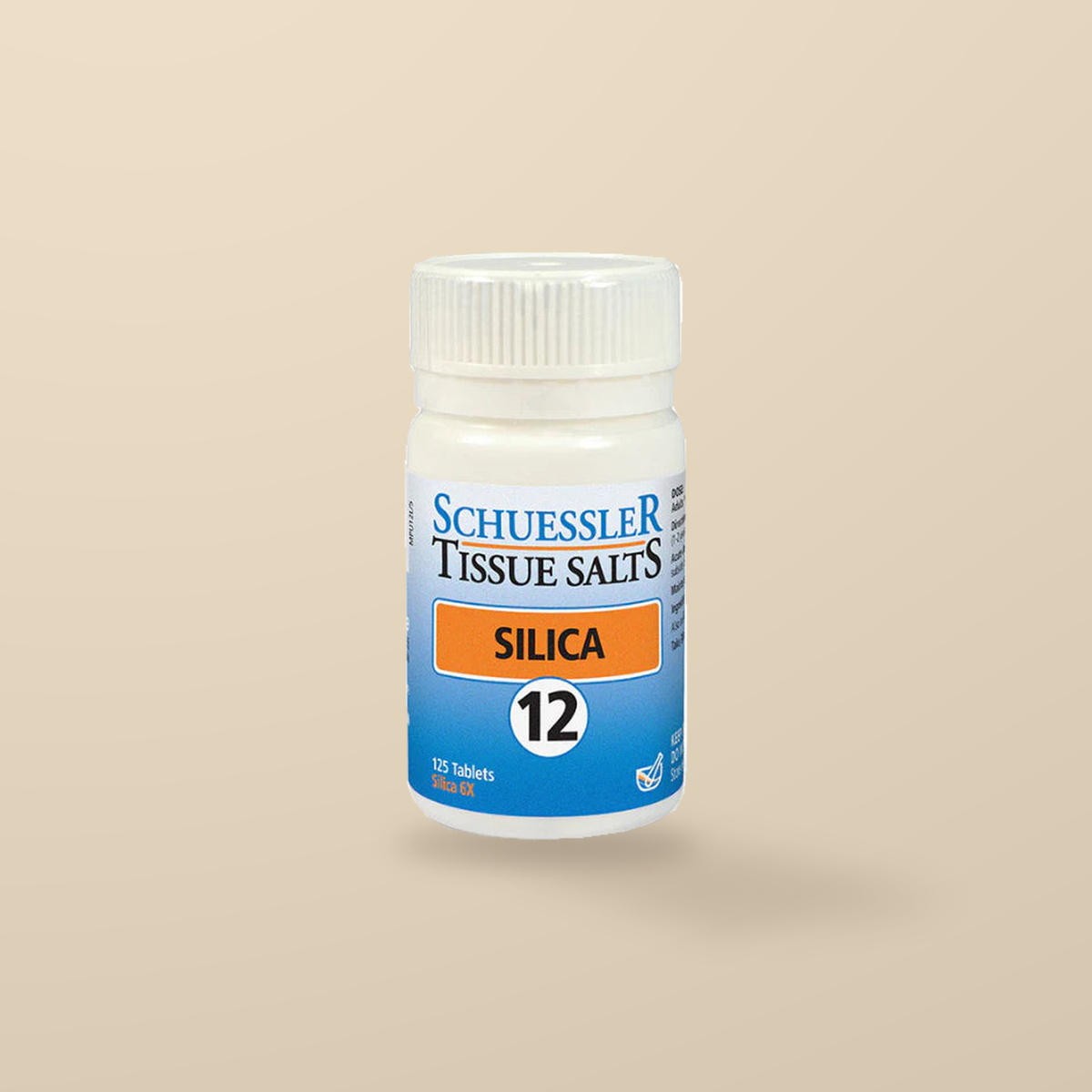 Schuessler Tissue Salts No. 12 Silica 125 Tablets — original product packaging on warm beige background