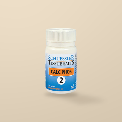 Schuessler Tissue Salts No. 2 Calc Phos 125 Tablets — original product packaging on warm beige background