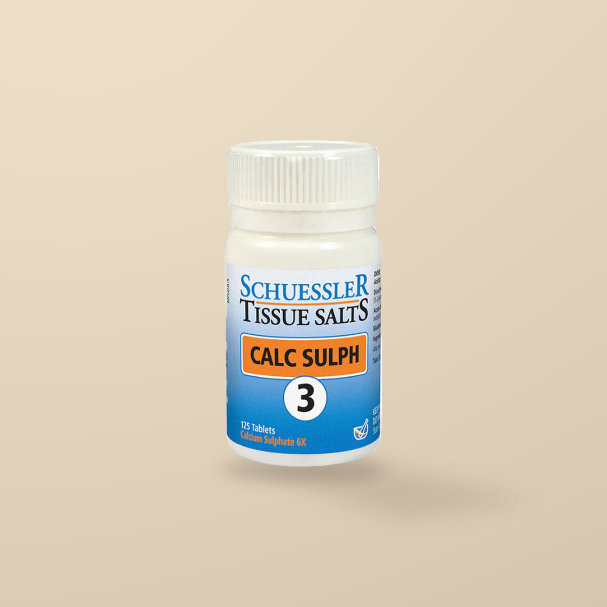 Schuessler Tissue Salts No. 3 Calc Sulph 125 Tablets — original product packaging on warm beige background