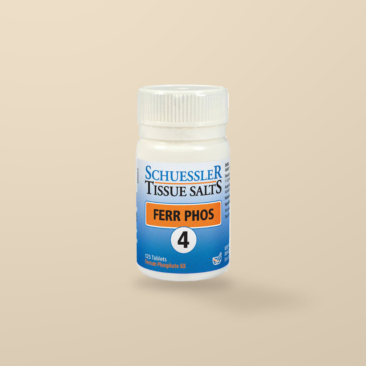 Schuessler Tissue Salts No. 4 Ferr Phos 125 Tablets — original product packaging on warm beige background