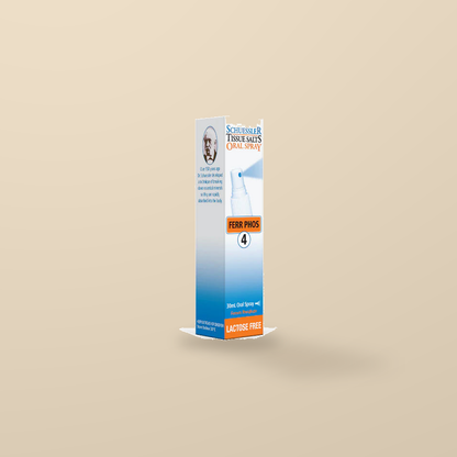 Schuessler Tissue Salts No. 4 Ferr Phos Oral Spray 30ml — original product packaging on warm beige background