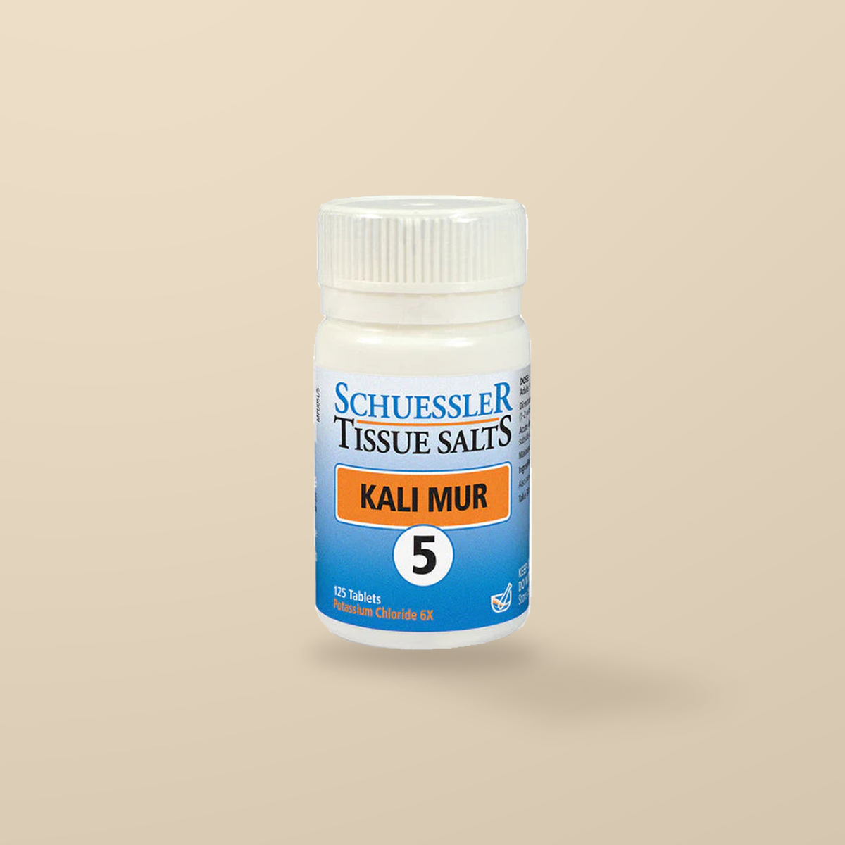 Schuessler Tissue Salts No. 5 Kali Mur 125 Tablets — original product packaging on warm beige background