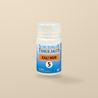 Schuessler Tissue Salts No. 5 Kali Mur 125 Tablets — original product packaging on warm beige background
