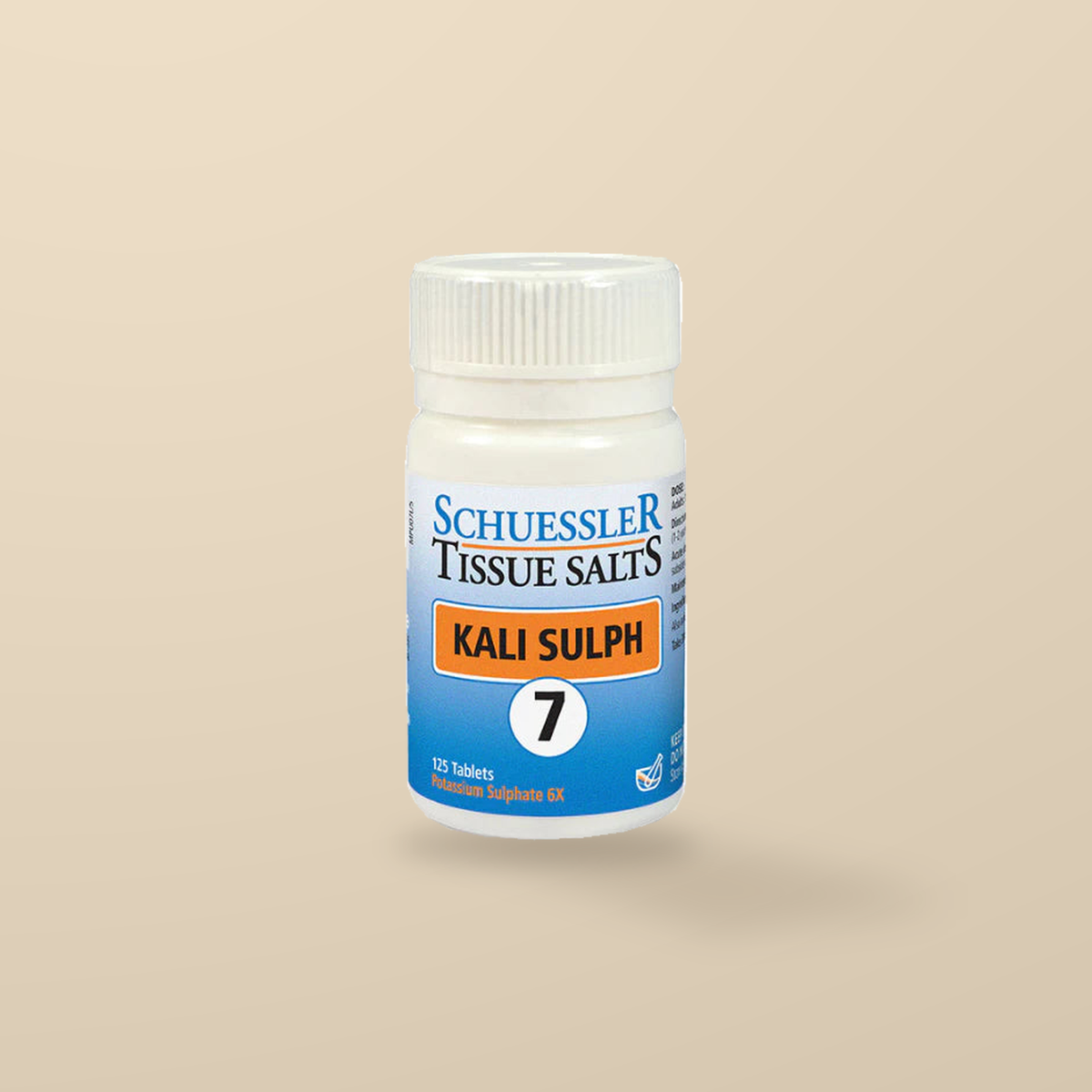 Schuessler Tissue Salts No. 7 Kali Sulph 125 Tablets — original product packaging on warm beige background