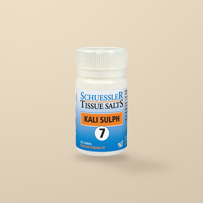 Schuessler Tissue Salts No. 7 Kali Sulph 125 Tablets — original product packaging on warm beige background