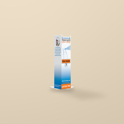 Schuessler Tissue Salts No. 7 Kali Sulph Oral Spray 30ml — original product packaging on warm beige background