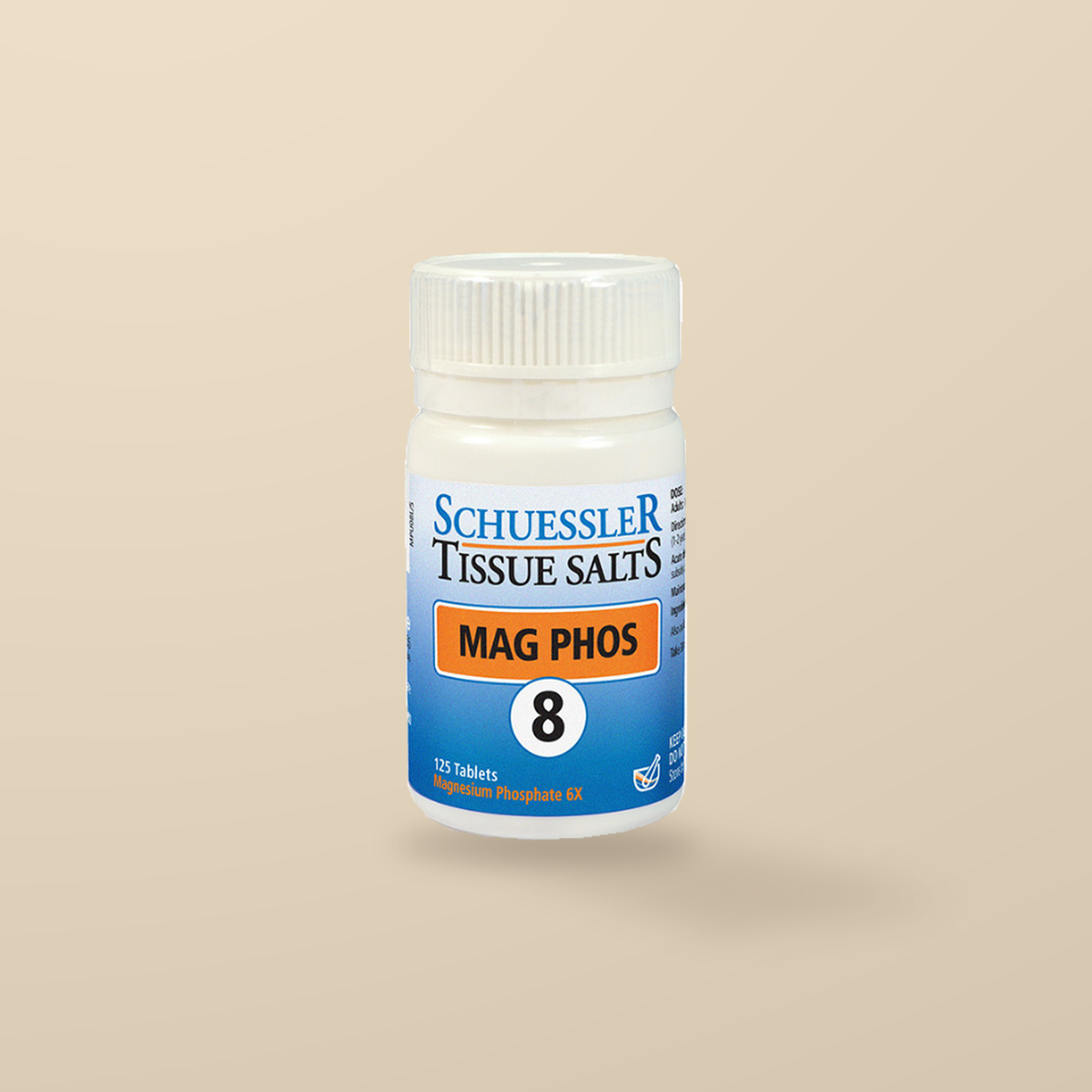 Schuessler Tissue Salts No. 8 Mag Phos 125 Tablets — original product packaging on warm beige background