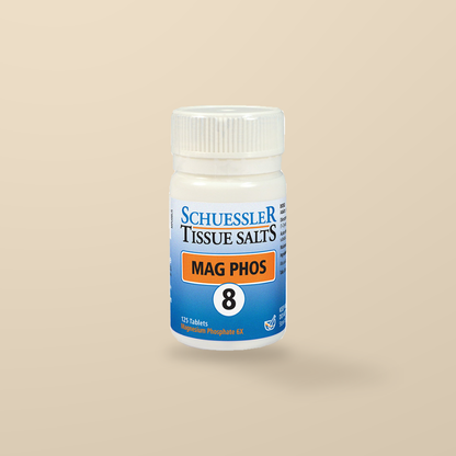 Schuessler Tissue Salts No. 8 Mag Phos 125 Tablets — original product packaging on warm beige background