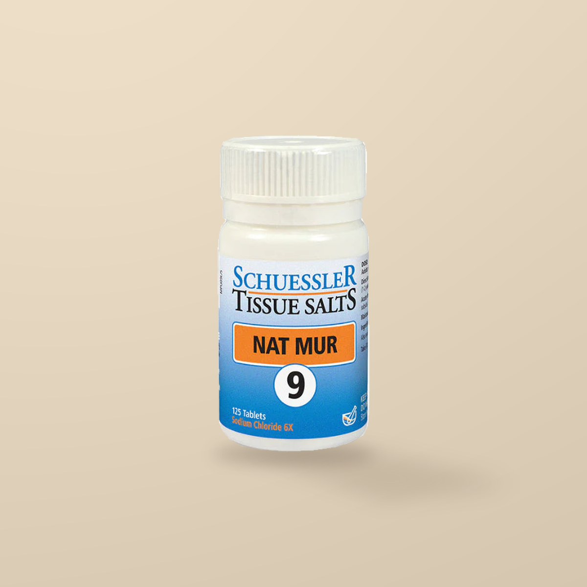 Schuessler Tissue Salts No. 9 Nat Mur 125 Tablets — original product packaging on warm beige background
