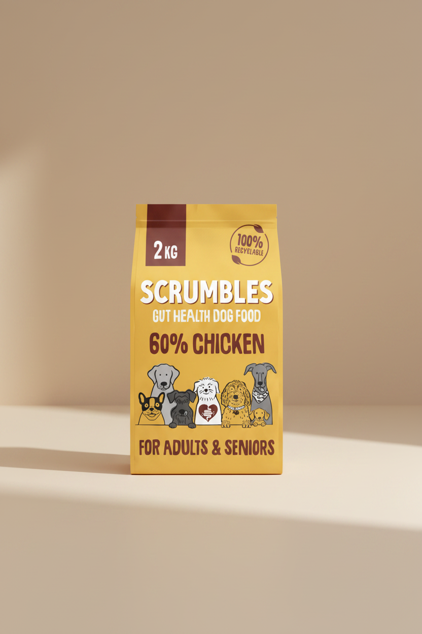 A 2 kg bag of Scrumbles Gut Health Dog Food, 60% Chicken, for adults and seniors. The packaging is a warm golden yellow with brown and white text, featuring cartoon illustrations of various dog breeds at the bottom.