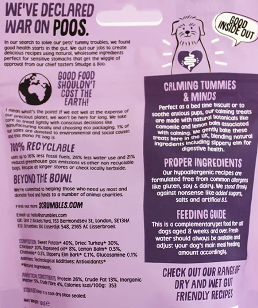 The back of a Scrumbles pet supplement pouch, showing product information, ingredients, and feeding guide in black text on a light pink background.