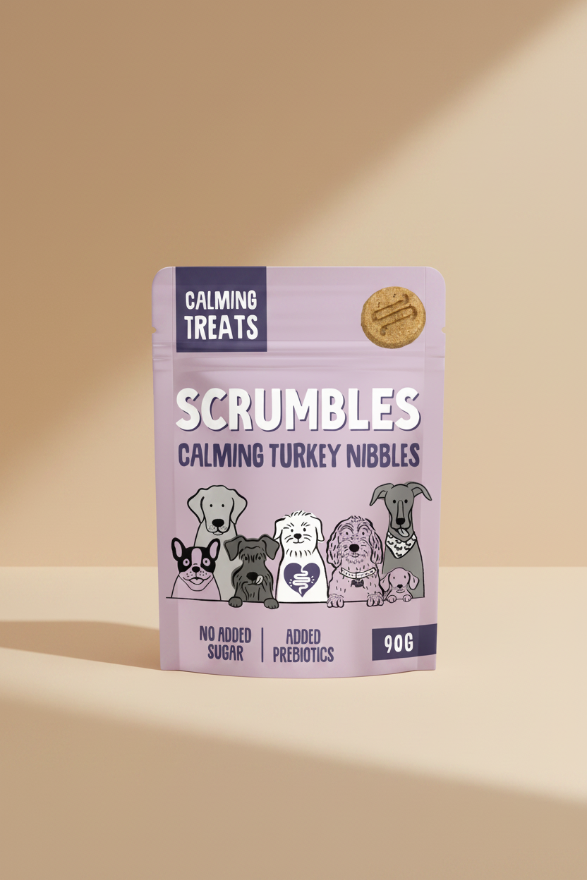 A stand-up pouch of Scrumbles Calming Turkey Nibbles dog treats on a white background. The packaging is lavender purple with a navy blue 'CALMING TREATS' banner at the top left, large white 'SCRUMBLES' text, illustrated dogs along the bottom, and a single round treat shown in the top right corner.