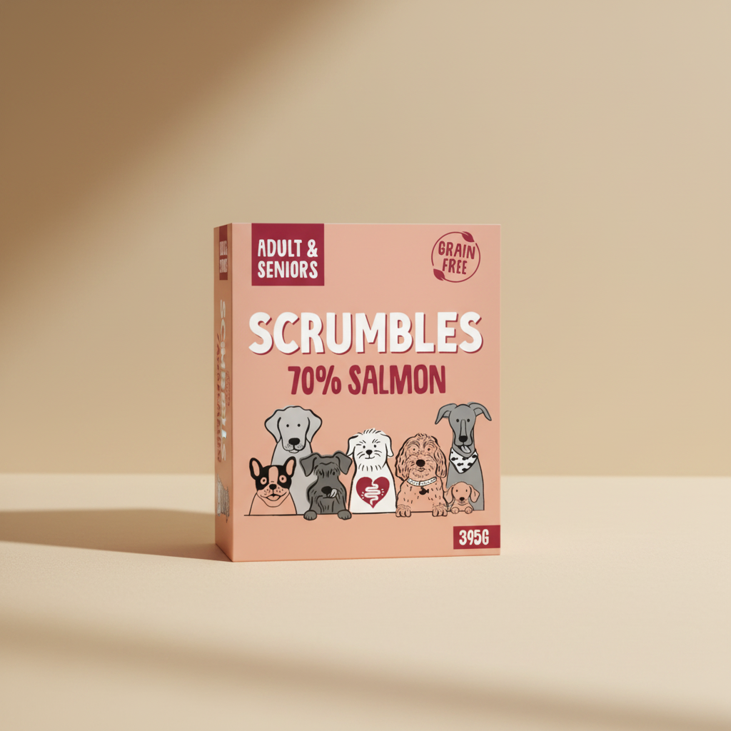 A rectangular product box for dog treats, labeled 'ADULT & SENIORS' and 'SCRAMBLES 70% SALMON' with illustrated dogs along the bottom. The box is peach-colored with dark red and white text and graphics.
