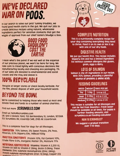 A square promotional poster or card with a dark red background and white text, featuring a cartoon duck character and text about 'War on Poos' and a Scrumble recipe. The design includes icons for recycling, a duck, and a heart, with branding for Scrumble and Good Food Inside.