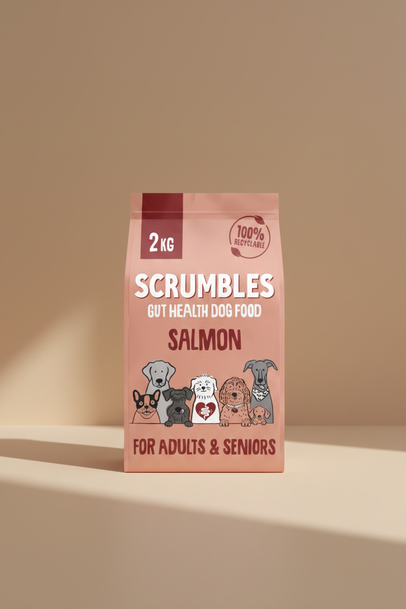 A 2 kg bag of Scrumbles Gut Health Dog Food in Salmon flavor, designed for adults and seniors. The packaging is a dusty salmon-pink color with white and dark red text, featuring cartoon illustrations of various dog breeds at the bottom.