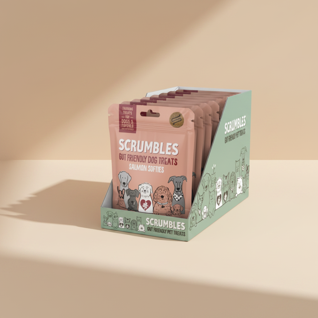 A display box of Scrumbles Gut Friendly Dog Treats, Salmon Sofries, showing multiple individual pouches fanned out inside a mint green and dusty pink cardboard stand-up holder on a white background.