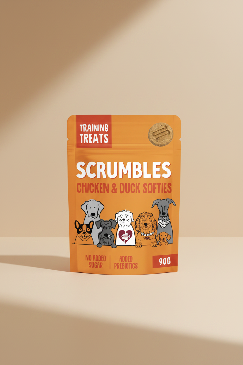 A 90g stand-up pouch of Scrumbles Training Treats for dogs, featuring Chicken & Duck Softies. The packaging is bright orange with a red banner reading 'TRAINING TREATS' and an illustration of six different dog breeds at the bottom.