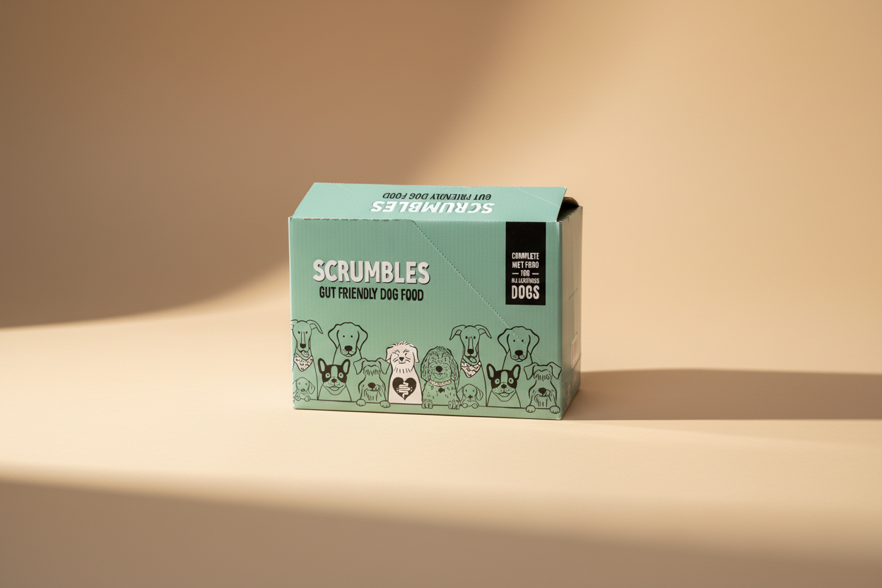 A mint green cardboard box of Scrumbles Gut Friendly Dog Food, featuring cartoon illustrations of various dog breeds along the bottom and a black label on the right side.