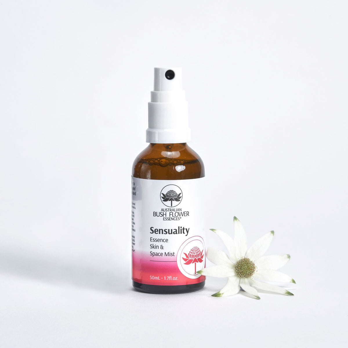 Australian Bush Flower Sensuality Organic Space Mist 50ml bottle beside a white flower