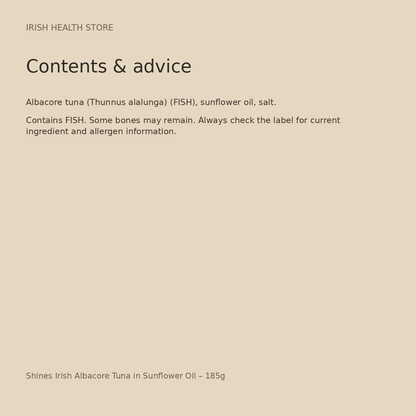 Shines Irish Albacore Tuna in Sunflower Oil – 185g ingredients and advice