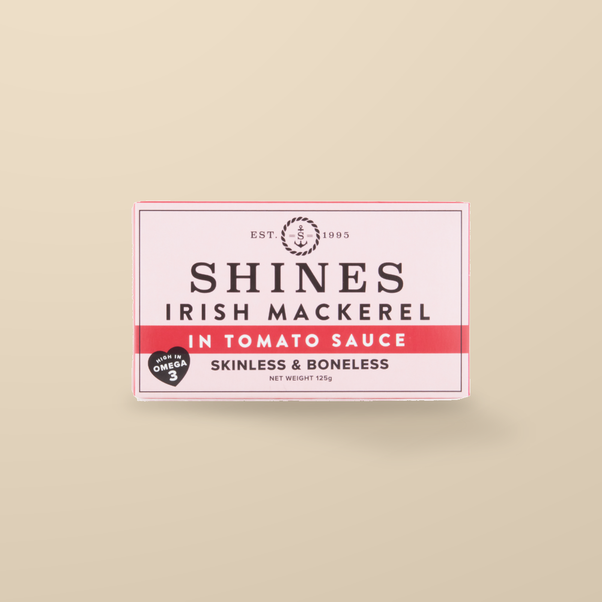 Shines Irish Mackerel Fillets in Tomato Sauce – 125g — original product packaging on warm beige background