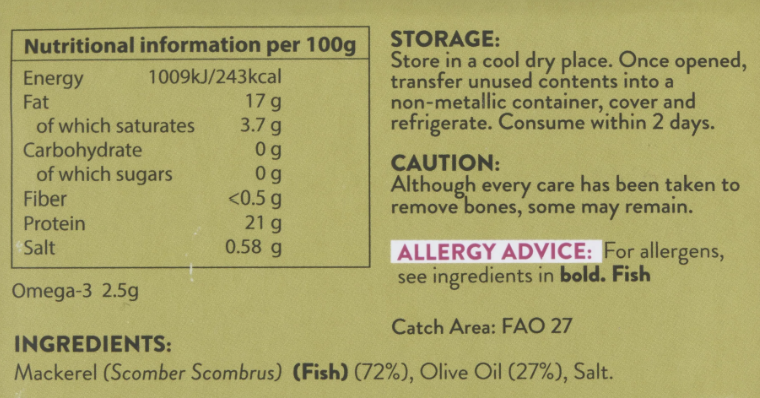 A close-up of a fish can label showing nutritional information, storage instructions, caution, allergy advice, and ingredients. The label is olive green with black text and a white-bordered nutrition panel.