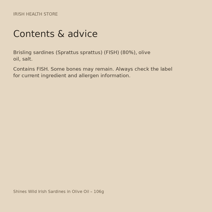 Shines Wild Irish Sardines in Olive Oil – 106g ingredients and advice