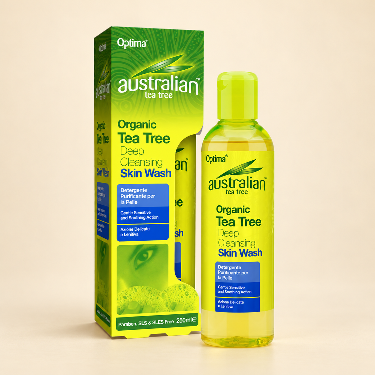 Australian Tea Tree Deep Cleansing Skin Wash – 250ml on a warm beige background