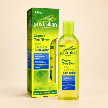 Australian Tea Tree Deep Cleansing Skin Wash – 250ml on a warm beige background