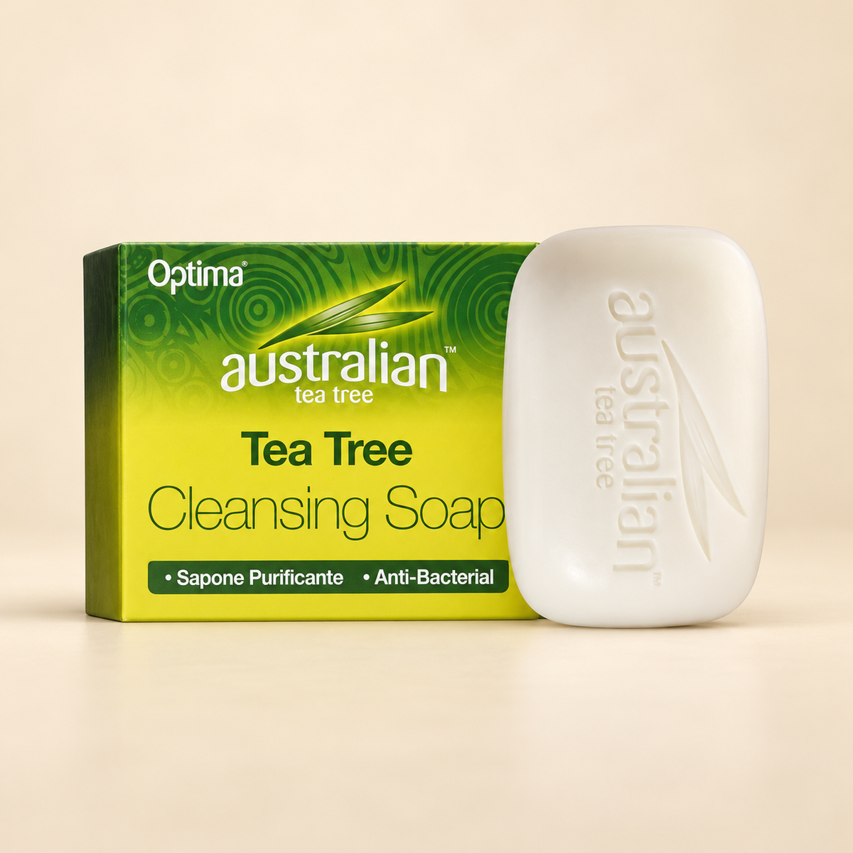 Australian Tea Tree Cleansing Soap Bar – 90g on a warm beige background