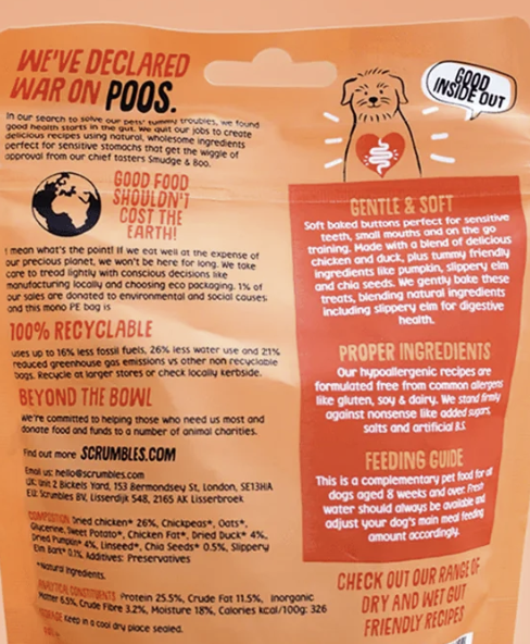 The back of a Crumble Crumb dog food bag, showing product information, ingredients, and feeding guide on a warm orange-brown background.