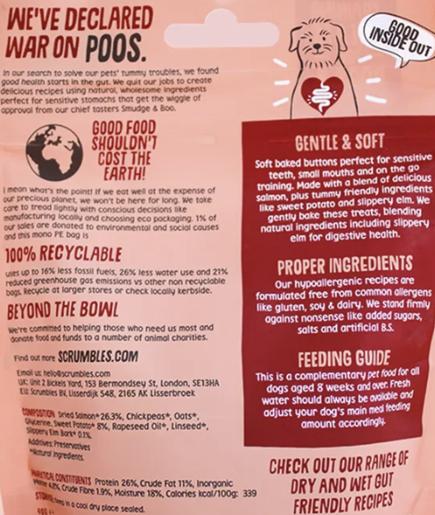 The back of a Scrubbles dog cleaning product pouch, showing the reverse side with text, ingredients, and a feeding guide on a pink background.
