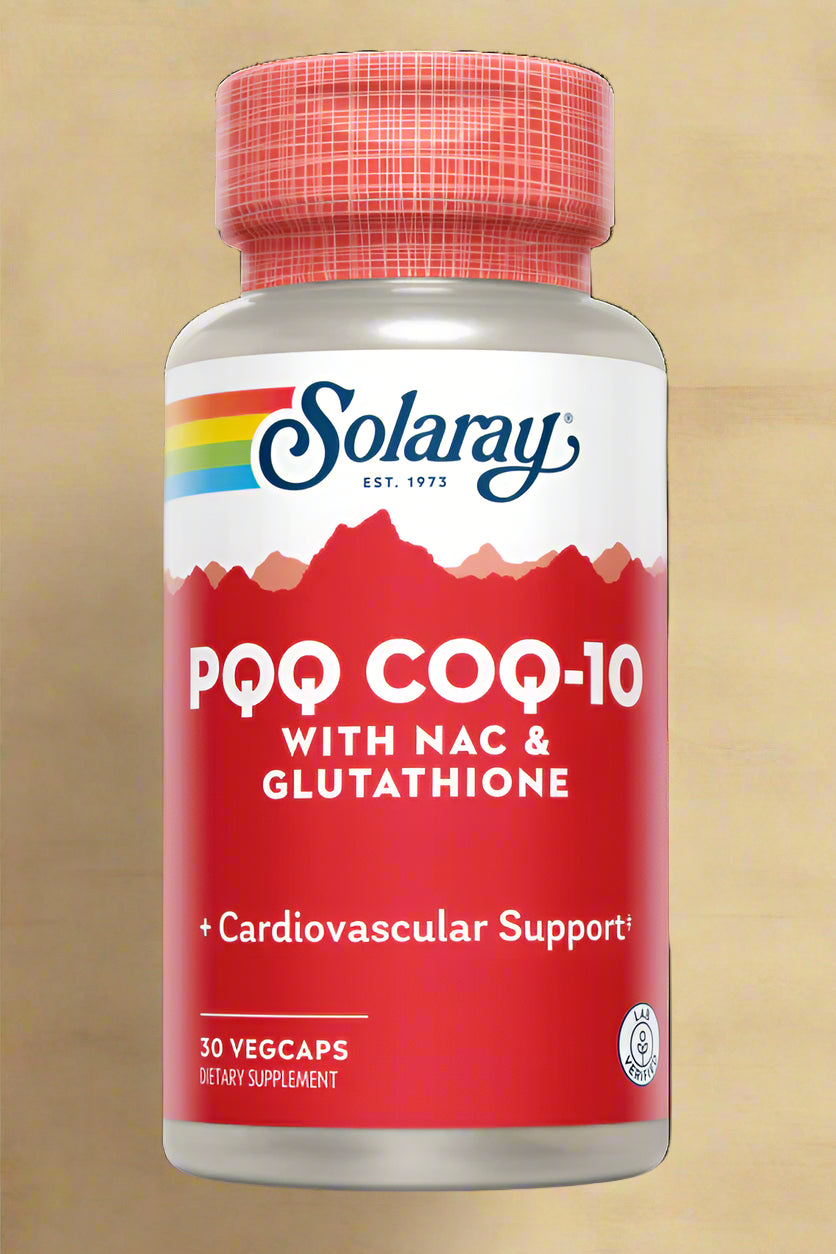  Front view of Solaray PQQ CoQ10 Glutathione NAC – 30 Capsules bottle