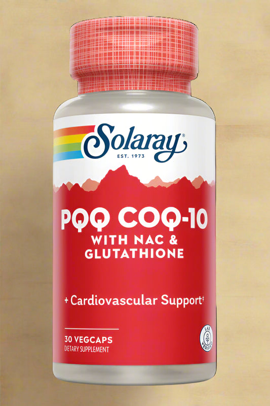  Front view of Solaray PQQ CoQ10 Glutathione NAC – 30 Capsules bottle