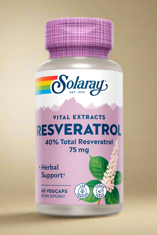 Front view of Solaray Resveratrol 75mg – 60 Capsules bottle
