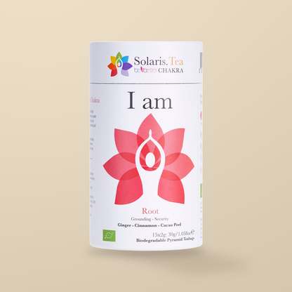 Solaris Be Better I Am Root Chakra Organic Herbal Tea – 15 Pyramid Tea Bags — original product packaging on warm beige background