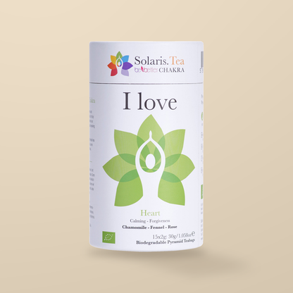Solaris Be Better I Love Heart Chakra Organic Herbal Tea – 15 Pyramid Tea Bags — original product packaging on warm beige background