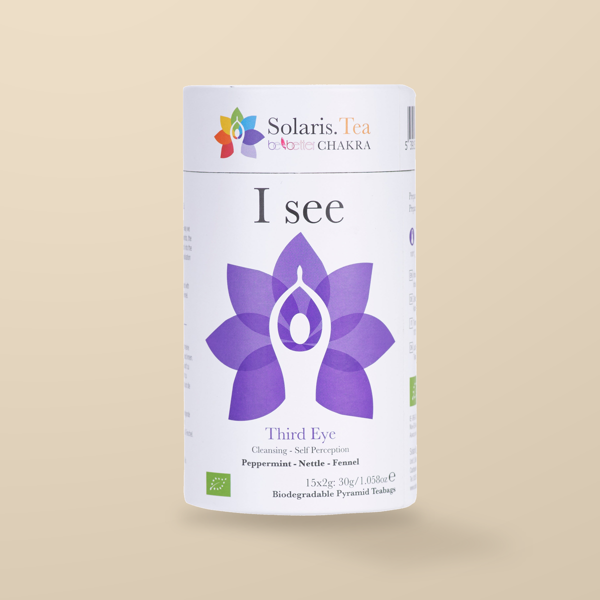 Solaris Be Better I See Third Eye Chakra Organic Herbal Tea – 15 Pyramid Tea Bags — original product packaging on warm beige background