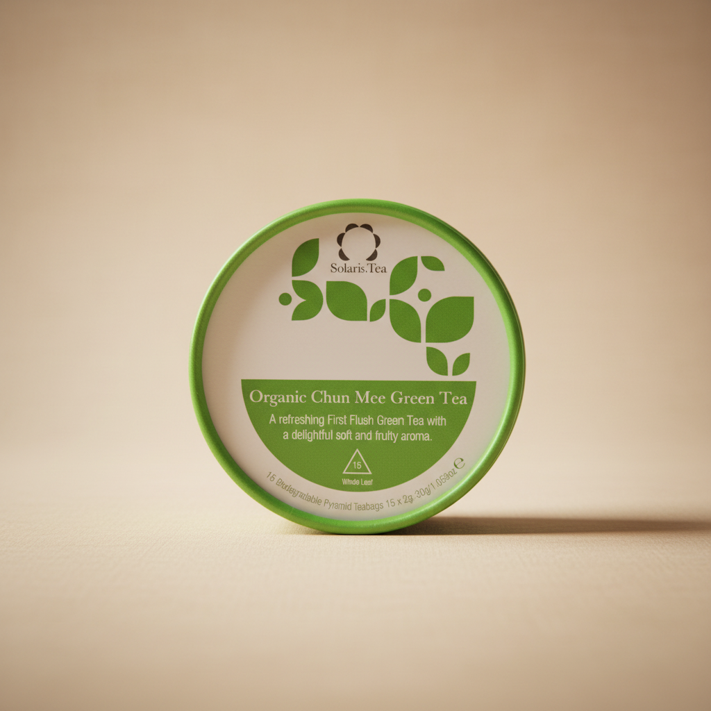 Container of Solaris Tea Organic Chun Mee Green Tea with green and white label.