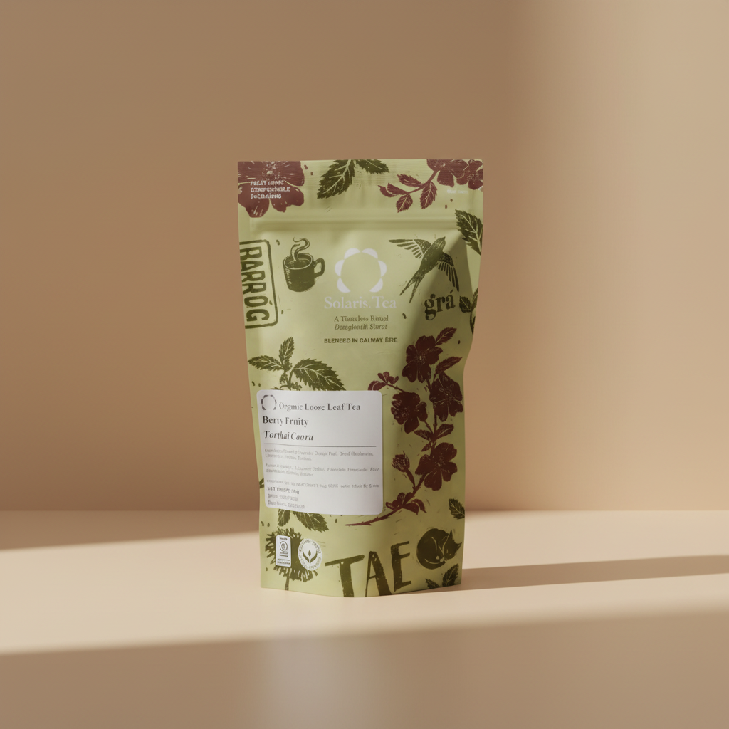 Solaris Tea Organic Loose Leaf Tea Berry Fruity Torteai Caorua in a 120g compostable stand-up pouch with a light olive-green background and dark red botanical illustrations.
