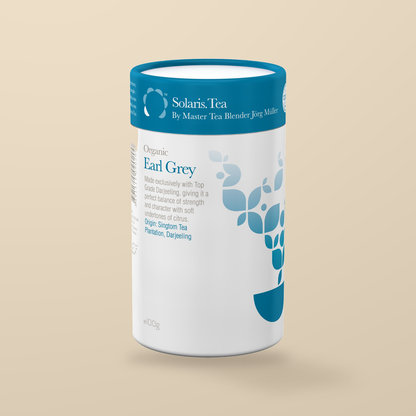 Solaris Organic Earl Grey Darjeeling Loose Leaf Black Tea – 100g — original product packaging on warm beige background