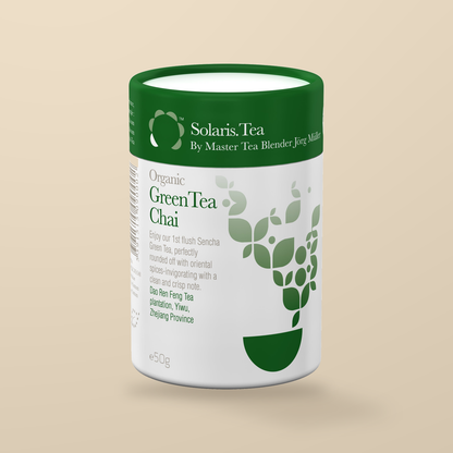 Solaris Organic Green Tea Chai Loose Leaf Tea – 50g — original product packaging on warm beige background