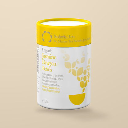 Solaris Organic Jasmine Dragon Pearls Loose Leaf Green Tea – 50g — original product packaging on warm beige background