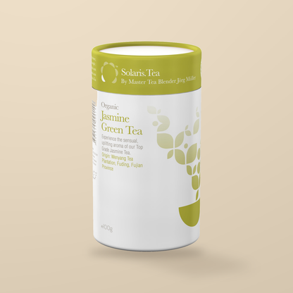 Solaris Organic Jasmine Green Loose Leaf Tea – 100g — original product packaging on warm beige background