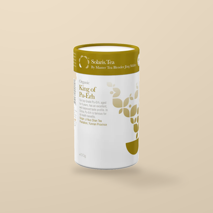 Solaris Organic King of Pu-Erh Loose Leaf Tea – 100g — original product packaging on warm beige background