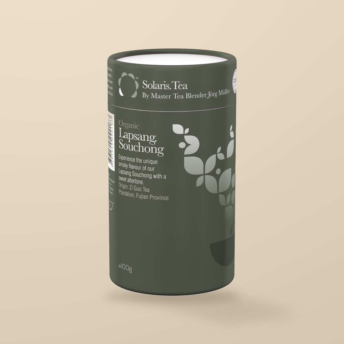 Solaris Organic Lapsang Souchong Loose Leaf Black Tea – 100g — original product packaging on warm beige background