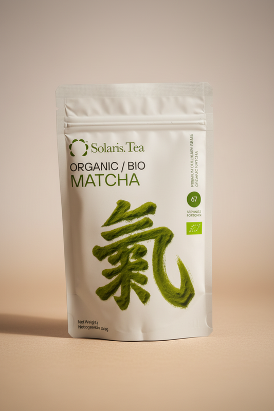 Matcha powder package with branding on a blurred background