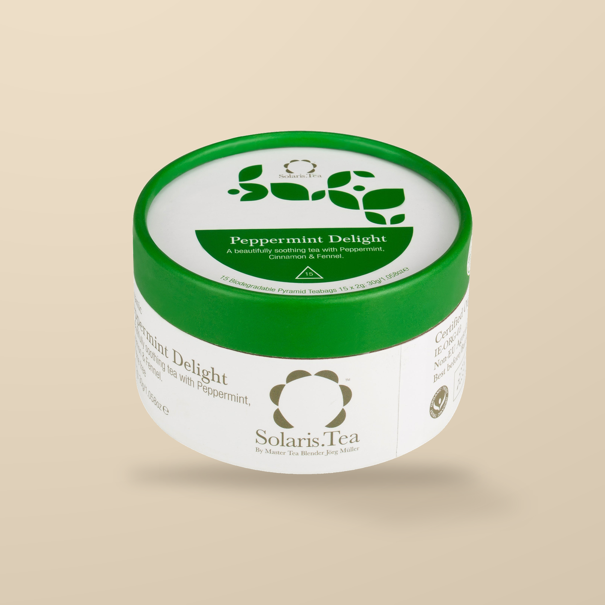 Solaris Organic Peppermint Delight Herbal Tea – 15 Pyramid Tea Bags — original product packaging on warm beige background