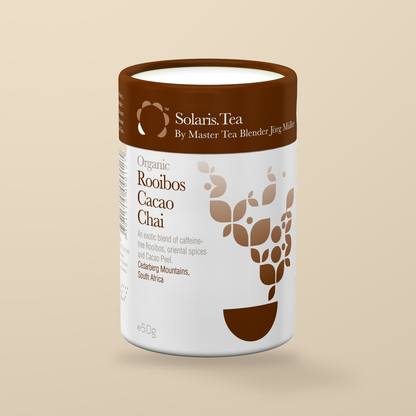 Solaris Organic Rooibos Cacao Chai Loose Leaf Tea – 50g — original product packaging on warm beige background
