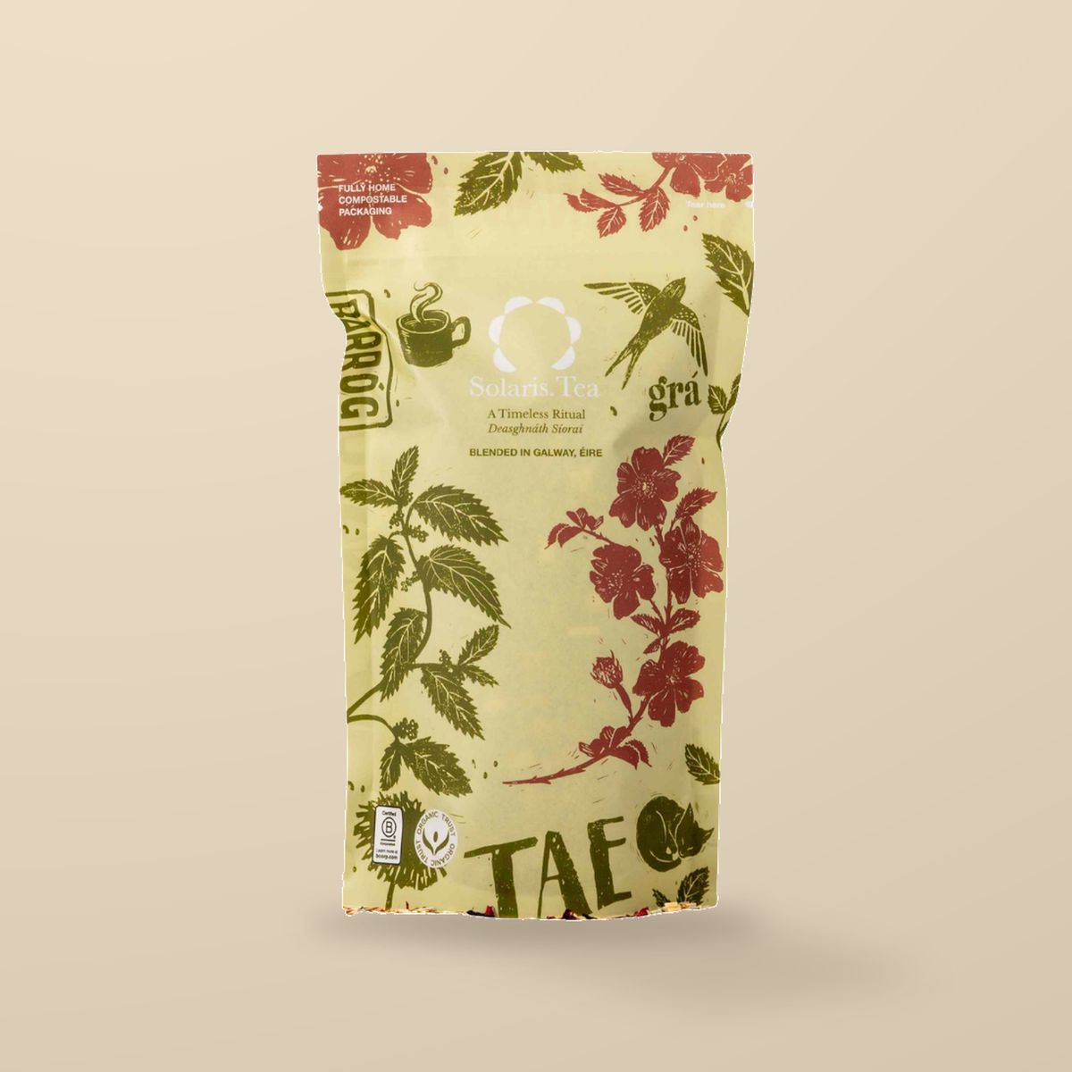 Solaris Organic Rooibos Cacao Vanilla Loose Leaf Tea – 100g — original product packaging on warm beige background